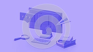 3d render of computer and keyboard in workplace. Isometric LCD monitor with open pages of website in purple solid color