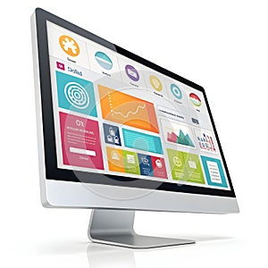 3D Render of Computer Monitor with Colorful UI Elements
