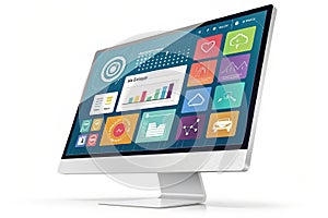 3D Render of Computer Monitor with Colorful UI Elements. A 3D render of a computer monitor displaying colorful UI elements,