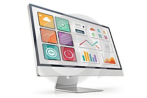 3D Render of Computer Monitor with Colorful UI Elements. A 3D render of a computer monitor displaying colorful UI elements,