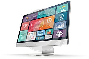3D Render of Computer Monitor with Colorful UI Elements. A 3D render of a computer monitor displaying colorful UI elements,