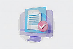3D Render of a Computer Screen Displaying a Document with a Checkmark