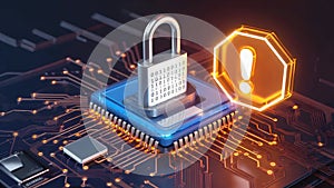 Silver padlock with binary code on a blue computer processor and orange circuit lines, cyber security concept.