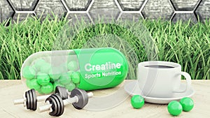 3d render of creatine big pill, Two dumbbells and a cup of coffee. Sport nutrition for bodybuilding 3d illustration photo