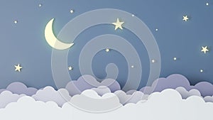 3D Render. The crescent moon and stars shine and the cloudy night sky. Mystical Night sky background. Paper art style. Picture