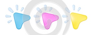 3d render cursor icon set for computer website, arrow click ui object for site or internet simple pointer template