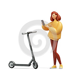 3d render, cute cartoon character redhead young woman and rental electric scooter. Smart phone sharing app. Modern urban transport