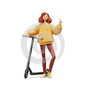 3d render, cute cartoon character redhead young woman stands near the electric scooter. Modern urban transport clip art isolated