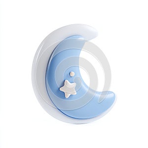 3D Render of a Cute Light Blue Crescent Moon and Star
