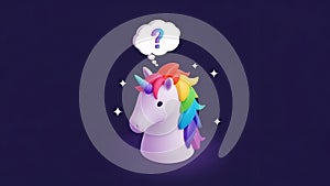 Thinking Unicorn. Question Mark. Cute 3D Render.