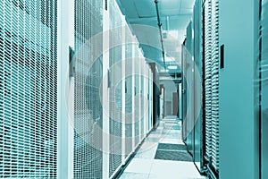 3D render Data center server room, Switchgear room with raws of cabinets with network or cellular hardware, perspective