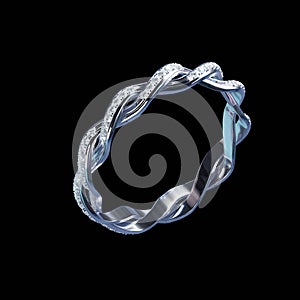 3D design of platinum twisted ring with diamonds surrounding the ring on isolated background.