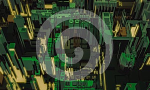 3d render digital abstract dark green building architecture fragment. Cyber City. Printed circuit board PCB technology repetition.