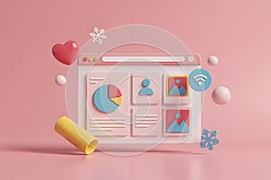 3D Render of a Digital Interface with Icons and Geometric Shapes