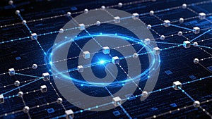 Futuristic digital network with glowing blue ring, data cubes silver spheres connected by lines, blockchain or AI system