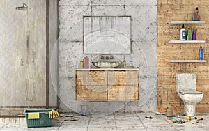 3d render of dirty bathroom in ecostyle.
