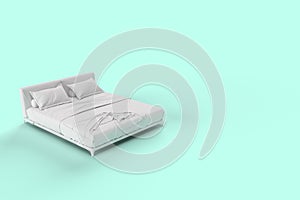 3d render distant side angle view of white bed with white pillow cover and white bed sheet and blanket for mockup with a pastel