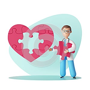 3d render, doctor cardiologist cartoon character with puzzle heart. Medical clip art on blue background, healthcare consultation.