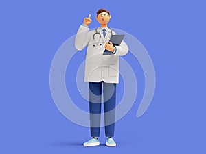 3d render, doctor cartoon character standing with finger pointing up, holding clipboard. Confident friendly therapist. Medical