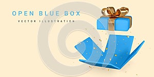 3D render and draw by mesh realistic open blue gift box and confetti. Vector Illustration