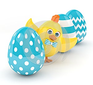 3d render of Easter chick with eggs