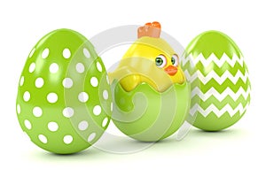 3d render of Easter chick in eggshell with eggs