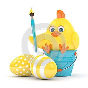 3d render of Easter chick with painted eggs