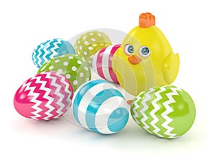 3d render of Easter chick with painted eggs