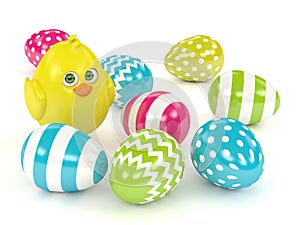 3d render of Easter chick with painted eggs