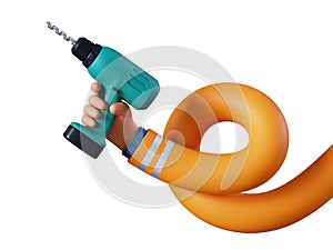 3d render, elastic spiral cartoon human hand holds green electric drill. Professional builder with equipment. Construction tool.