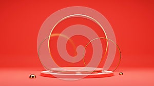 3D Render Of Empty Podium Or Stage With Golden Circular Frame And Copy Space On Red