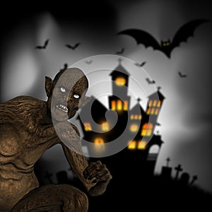 3D evil demon on a defocussed Halloween background photo