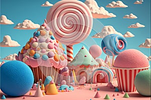 3D Render, Fantasy Colorful Candyland Background With Cupcake, Candies, Ice Cream, photo