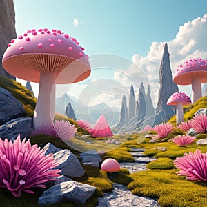 3d render of fantasy landscape with mushrooms and path in the meadow