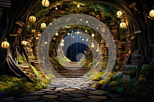 3D render of a fantasy fantasy portal with a staircase and books, Embark on a whimsical journey through a literary wonderland,