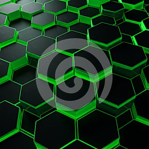 A 3D render featuring a pattern of black hexagons with glowing green edges. The