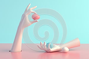 3d render, female hands, minimal fashion background, mannequin body parts with easter eggs photo