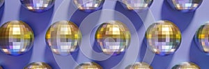 3d render of festive shiny dico balls pattern banner on a violet color of the year 2022 photo