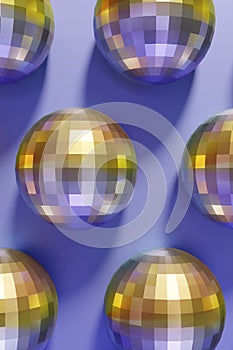 3d render of festive shiny dico balls pattern on a violet color of the year 2022 photo