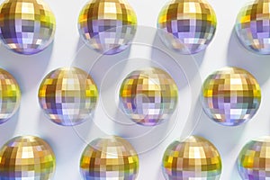 3d render of festive shiny dico balls pattern on a white background photo