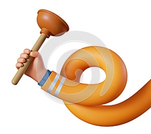 3d render, flexible spiral cartoon caucasian human hand holds plunger. Professional plumber. Toilet cleaning service clip art