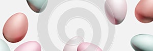 3d render of flying pastel colored Easter eggs on a white background