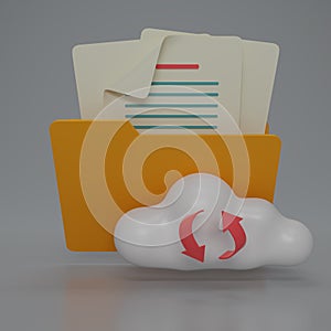 3D render folder text document with Cloud storage icon isolate on gray background. Folder Document cloud download or upload. Cloud