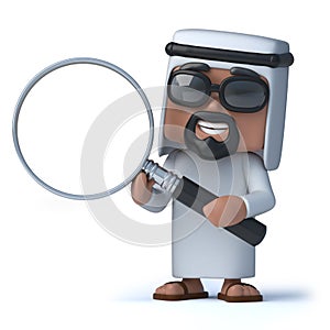 3d Funny cartoon Arab sheik character holding a magnifying glass photo