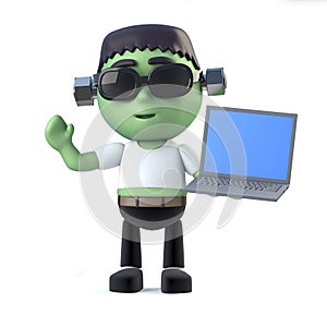 3d Funny cartoon Frankenstein monster character has a laptop pc device