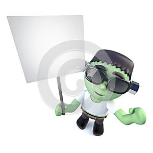 3d Funny cartoon frankenstein monster character holding a placard