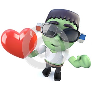 3d Funny cartoon frankenstein monster character holding a red heart
