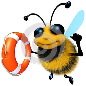 3d Funny cartoon honey bee character holding a lifering