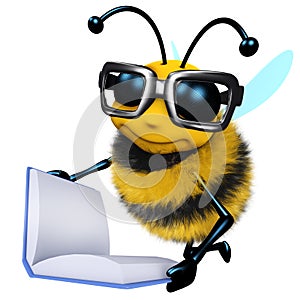 3d Funny cartoon honey bee character is reading a book