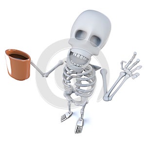 3d Funny cartoon spooky skeleton character drinking coffee from a mug